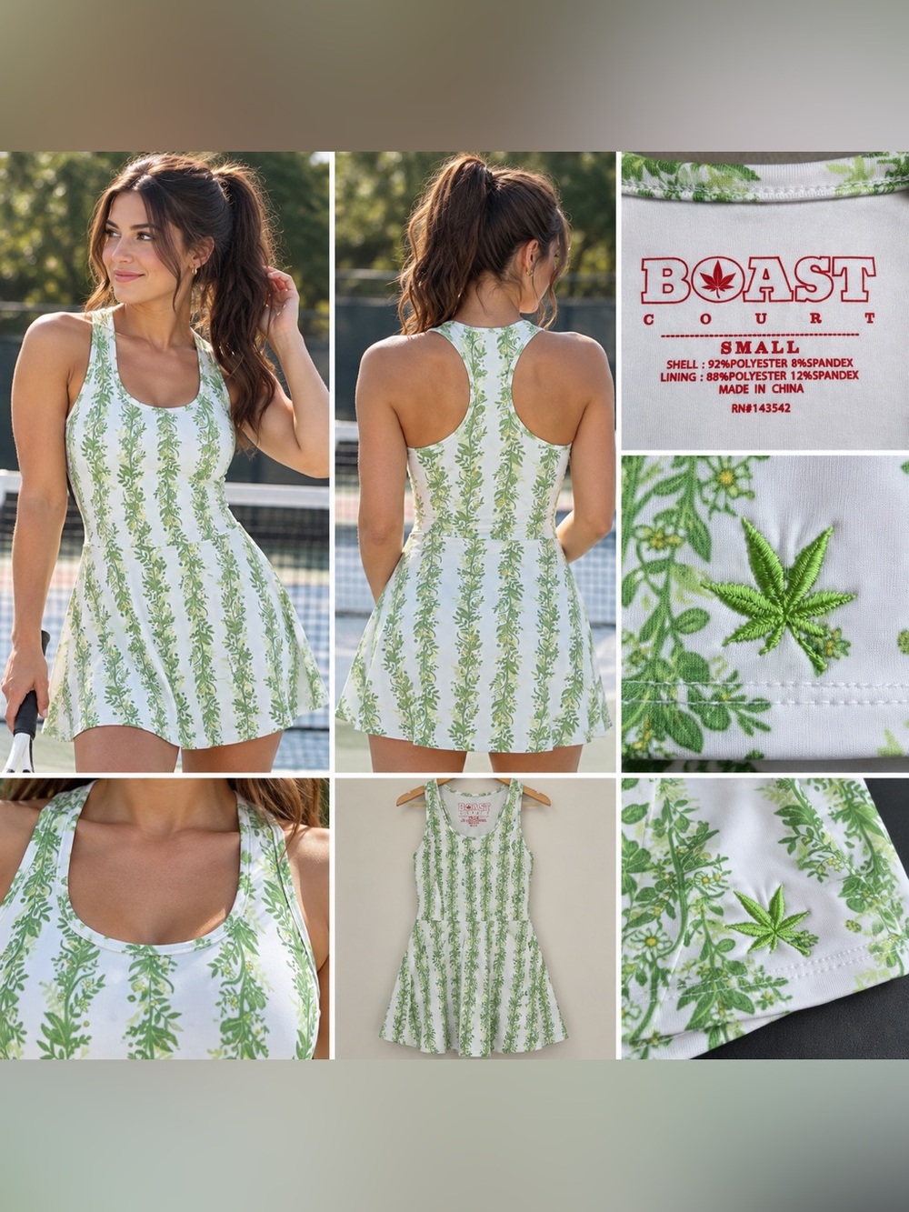 BOAST Court Tennis Dress Small White Green Floral Racerback Athletic